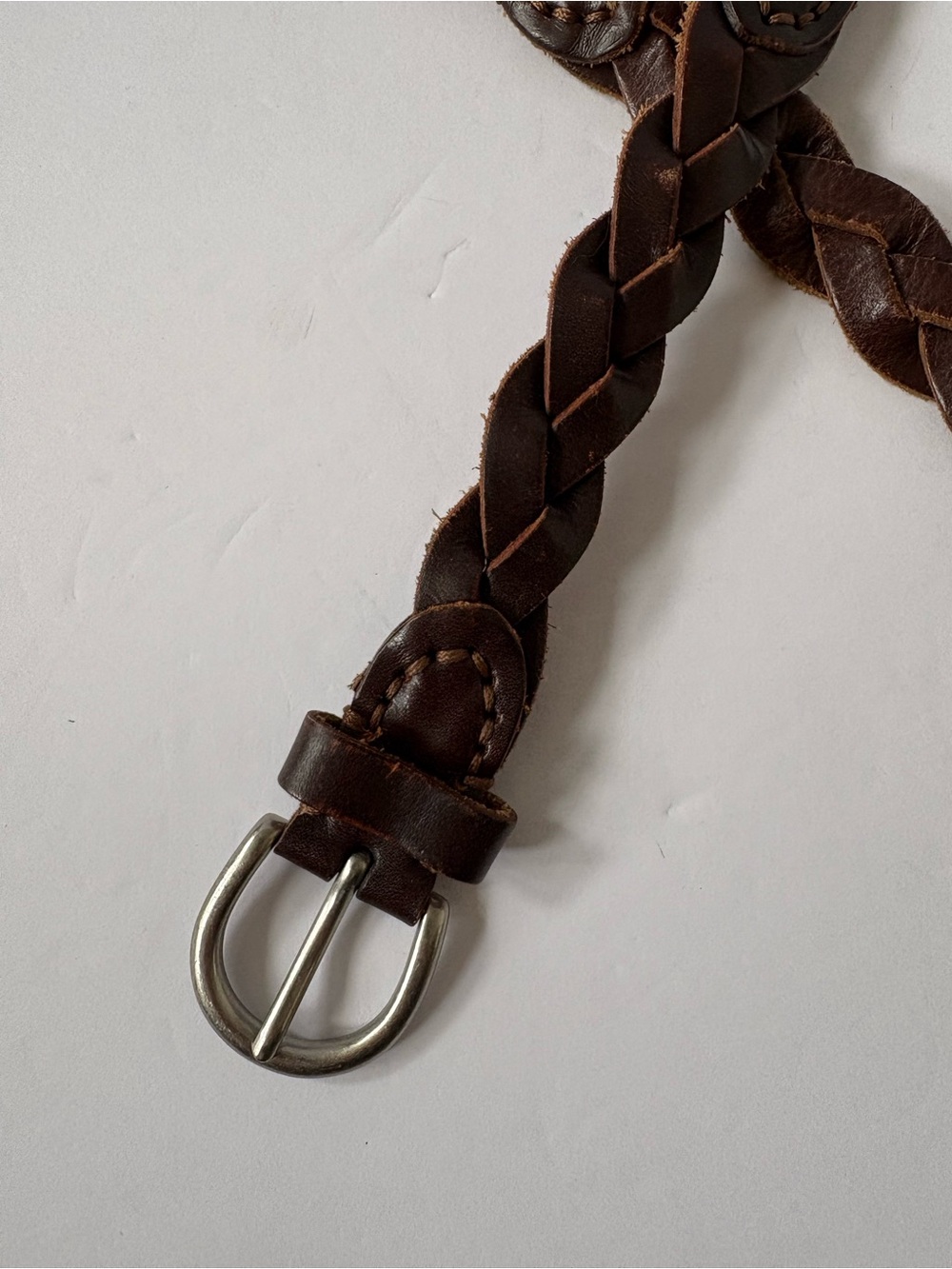 Brown Hand Braided Slim Genuine Leather Belt Silver Brass Buckle L Boho Pirate - Picture 2 of 6
